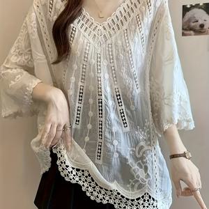 TEMU 여성용 레이스 느낌 썬쉐이드 스웨터 - 반투명 V넥 배트윙 슬리브 블라우스, 여름용 가벼운 비치 커버업, 파티 & 일상룩, 우아한 디자인, 통기성 원단, 오픈워크 패션 러버스