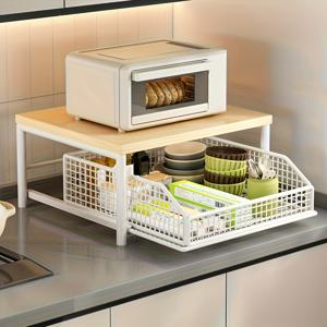 TEMU 공간 절약형 주방 카운터탑 정리대 - 서랍 & 와이어 바구니 포함, 견고한 원목 및 금속 2단 수납 선반 (커피메이커, 도구, 양념용), 현대적 블랙/화이트 디자인, 전원 불필요, 내구성 있는 홈 오거나이저, 전자레인지 선반, 랙|커피|전자레인지|수납정리함