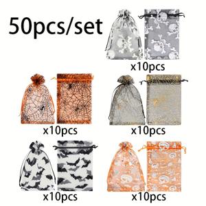 TEMU 할로윈 파티용 끈 조절 선물 가방 50개 세트 - 호박, 거미줄, 해골 & 박쥐 디자인의 내구성 있는 폴리에스터 스낵백, 캔디 및 할로윈 테마 트릿 백, 오렌지 & 블랙, 파티 용품, 장난감 또는 간식 이벤트용, 할로윈 장식, 트릭터트 백, 축제 디자인, 튼튼한 끈 클로저