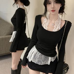 TEMU 여성용 우아한 레이스 대조 칼라 긴팔 블라우스 - 슬림핏 튜닉 탑, 스퀘어 넥라인 & 러플 레이스 소매 트림, 캐주얼, 오피스 & 포멀 룩을 위한 올시즌 레이어링 필수 아이템 - 데일리부터 파티웨어까지 다재다능한 디자인 (손세탁 가능) - 모던한 대조 디자인과 핏감 있는 실루엣, 세련된 레이스 디테일로 완성된 고급스러운 룩, 여성용 블라우스