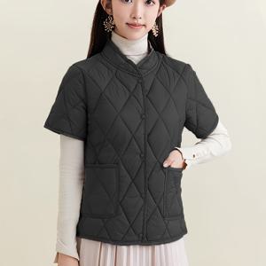 TEMU 여성용 경량 퀼팅 조끼 - 캐주얼 반팔, 스탠드 칼라, 단색, 신축성 없는 원단, 싱글 브레스트 포켓, 가을/겨울 야외 활동에 적합, 캐주얼 웨어 조끼 | 퀼팅 디자인 | 기능성 포켓|반팔니트|여성의류|반팔