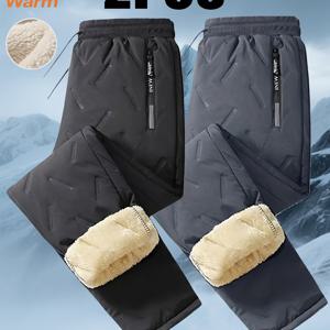 TEMU 남성용 헤비듀티 안감 겨울 바지 2개 - 지퍼 포켓 & 드로스트링 허리, 직다리 디자인의 보온성 강화 바지, 추운 날씨, 야외, 스키용 (세탁기 사용 가능)|냉장고바지|남자바지|바지