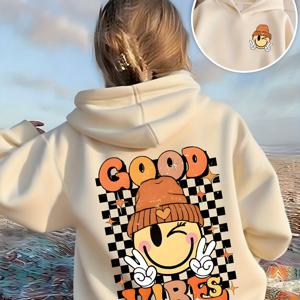 TEMU 소녀용 레트로 Y2K 팝아트 체크무늬 기쁨의 얼굴 & 좋은 기운 글자 후드 스웨트셔츠 - 오버사이즈 루즈핏 풀오버 스웨터, 기쁨의 얼굴 & 음표 프린트, 봄/가을 캐주얼 아웃핏 청소년 & 트윈을 위한 (세탁기 사용 가능) - 흰색에 검정 & 오렌지 레트로 디자인, Y2K 미학, 편안한 긴팔 상의, 트렌디 팝아트 체크무늬 프린트, 여유로운 핏 후드티