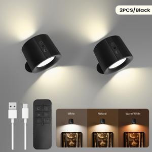 TEMU 2개 세트 LED 벽등, 충전식 배터리, 3단계 밝기 조절, 3가지 색온도, 터치패드 제어, USB 충전, 360° 회전 자석 볼, 방수 불가, 독서, 공부, 침대 옆, 복도용