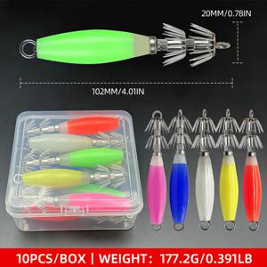 TEMU 10개입 야광 오징어 미끼 - 실물 같은 문어/오징어 후크가 있는 발광 문어 및 문어 미끼, 야간 참치/송어/고등어/루어 낚시 키트 (민물 및 바닷물용)