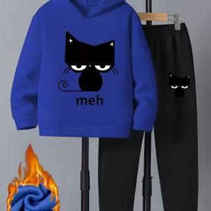TEMU 2개 세트 - 귀여운 고양이 얼굴 & '야옹' 프린트, 부드러운 그레이색의 캐주얼한 후디와 조거팬츠 세트. 따뜻한 겨울용 아웃도어웨어로 실외활동과 일상복에 완벽합니다. 기계 세탁 가능 (청소년 사이즈도 포함), 2피스 세트