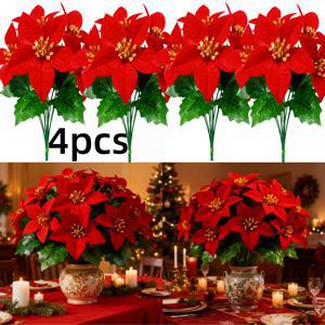 TEMU 고급 홈 데코 조화 4묶음 - 포인세티아 크리스마스 꽃, 생생한 빨간색 꽃 - 가을/겨울 실내/실외 사용에 적합, | 현관 장식 | 정원 | 마당 | 호텔 | 대형 쇼핑몰 전시회 | 웨딩 배경