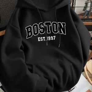 TEMU 남성용 보스턴 테마 후드 스웨트셔츠 - 화이트 'Boston' 레터링 & 1997 프린트, 네이비 블루 캐주얼 풀오버 후디, 레귤러 핏 긴팔 스웨터, 봄/가을용, 세탁기 사용 가능 보스턴 팬 아파렐