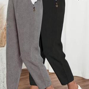 TEMU 2pcs 여성용 코듀로이 와이드 레그 팬츠 - 레트로 빈티지 팬츠, 신축성 허리밴드 & 벨트 없는 디자인, 솔리드 컬러 사계절 캐주얼부터 포멀웨어까지 (세탁기 사용 가능) - 여성용 코듀로이 팬츠 (벨트 미포함)