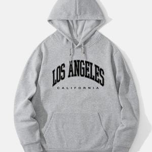 TEMU 남성용 로스앤젤레스 캘리포니아 그래픽 후드 스웨트셔츠 - 헤더 그레이 릴랙스핏 풀오버, 캥거루 포켓 및 조절 가능한 끈 후드, 기계 세탁 가능 캐주얼 스포츠웨어, 매일 착용 편안한 의류 | 리브 커프스 밑단