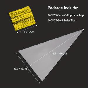 TEMU 100pcs, 콘 셀로판 봉지, 금색 타이가 있는 셀로프란 콘 모양의 트리트 봉지, 크리스마스 플라스틱 콘 봉지, 팝콘, 캔디, 소규모 비즈니스 용품, 식품 포장 봉지, 포장 봉지, 베이킹 샵 용품