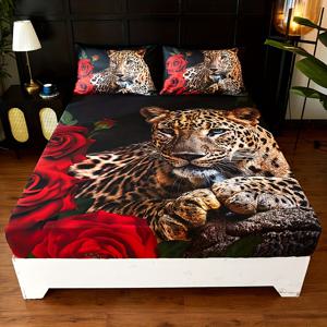 TEMU 로즈 패턴 장착 시트 세트 3개, 부드럽고 편안한 매트리스 보호대, 홈 장식(장착 시트 1개 + 베개 커버 2개, 코어 없음)