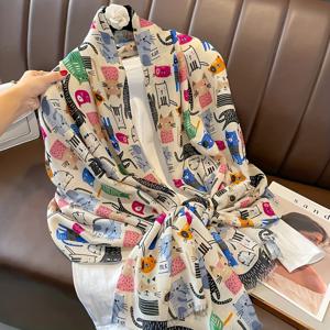 TEMU 여성용 귀여운 고양이 프린트 비스코스 스카프 숄 - 롱 랩핑 스카프 & 칼라 스타일 케이프, 부드럽고 통기성 좋은 겨울 액세서리, 캐주얼 룩 - 파스텔 고양이 디자인 (손세탁 가능, 논탄성) - 한국 스타일 영감