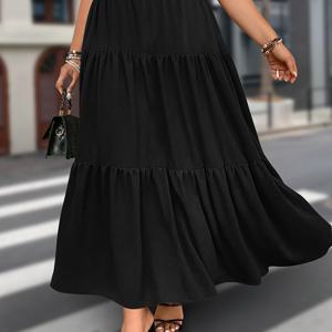 TEMU 플러스 사이즈, 우아한 A라인 스커트 러플 리프 헴 - 단색 봄/여름 드레스, 탄력 있는 허리, 세탁기 사용 가능, 캐주얼에서 세미 포멀 웨어, 웨딩 게스트 또는 오피스 아웃핏 - 논스트레치 우산 스커트 (드레스 & 스커트용)