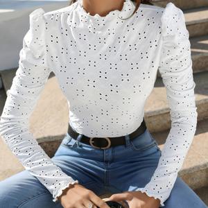 TEMU 여성용 화이트 러플 트림 스모크 칼라 블라우스 - 롱 슬리브 세미 쉬어 티셔츠 느낌, 레이스 같은 소매 엣지, 봄/가을 레이어링 탑, 세탁기 사용 가능 캐주얼 & 드레시 셔츠 (아니요)