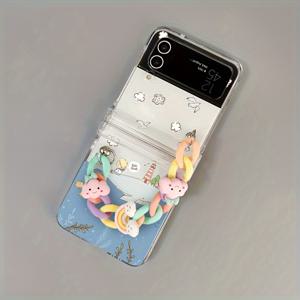 TEMU 삼성 갤럭시 Z 플립 4/플립 3 5g 폰 케이스 투명 힌지, 세 개/세트 충격 방지 PC 하드 쉘 접이식 폰 보호 커버 핸드 체인 스타일 만화 귀여운 소녀에 적합합니다