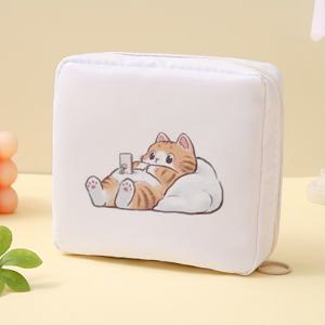 TEMU 귀여운 누워있는 고양이 디자인 대용량 휴대용 파우치 - 내구성 있는 폴리에스터 다기능 정리함, 생리대 & 사탕 및 소품 보관용, 컴팩트 혼합 컬러 가방, 개인 물품 수납, 부드러운 터치 소재