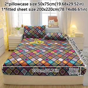 TEMU 3피스 패턴 맞춤 시트 세트 - 침실, 게스트룸 및 기숙사 장식을 위한 부드럽고 편안한 침구 세트, 1피스 맞춤 시트 + 2피스 베개 커버 포함 (코어 없음)
