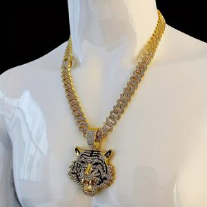 TEMU 스카이 탤런트 바오 남성용 14mm 와이드 쿠바 체인 목걸이 - 18K 금도금 호랑이 펜던트, 힙합 스타일 합금 체인 (50cm/19.68