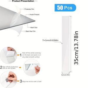 TEMU 거실과 침실을 위한 DIY 홈 데코용 사각형 형태의 캐릭터 테마, 수평 방향의 세라믹 표면, 마무리, 프레임 없음, 긴 아크릴, 분리 가능, 비유리, 크기 13.77*1.96인치의 벽 거울 스티커 50개