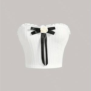 TEMU 스트랩리스 러플 레이스 느낌 리본 장식 피티드 탑 - 버건디 & 블랙 리본 악센트 민소매 블라우스, 봄 여름 가을 파티 웨딩 프로미스용 기계 세탁 가능 비침 없는 셔츠, 다용도 드레스 강화 아이템