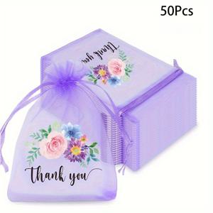 TEMU 50개 팩 플로럴 땡큐 오간자 끈 봉투 - 결혼식, 신부 & 아기 샤워, 크리스마스, 할로윈, 부활절 - 보라색 선물 주머니 - 사탕, 간식, 보석 포장, 리본 포함, 4x6 인치