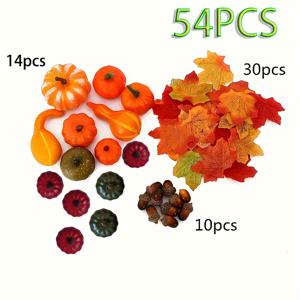 TEMU 54-피스 가을 & 추수감사절 장식 세트 - 인공 호박, 박, 도토리, 단풍잎, 솔방울 & 열매 - 수확 센터피스, 가정 장식, 할로윈 & 웨딩 장식에 이상적 - 플라스틱, 전기 불필요