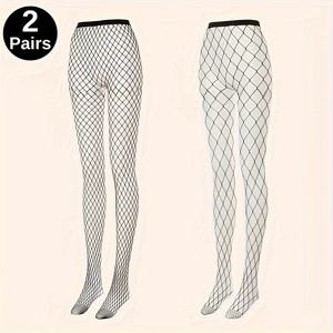 TEMU 여성용 플러스 사이즈 하이웨이스트 피쉬넷 타이츠 2개 세트 - 신축성 있고, 홀로우아웃 디자인, 블랙 나일론 혼방 팬티스타킹, 코스프레 및 캐주얼 착용에 완벽