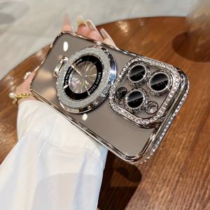 TEMU 럭셔리 라인스톤 글리터 스탠드 자석 TPU 폰 케이스, 아이폰 16 15 14 프로 맥스 플러스 11용, 투명 충격 방지 범퍼 커버