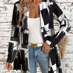TEMU 여성의 우아한 검은색과 흰색 기하학적 프린트 중간 길이 재킷 - 다용도 크루 넥, 긴 소매, 버튼 업 프론트, 봄/가을에 완벽한, 캐주얼에서 공식적인 옷, 캐주얼 아우터웨어 | 기하학적 패턴 재킷 | 구조화된 디자인