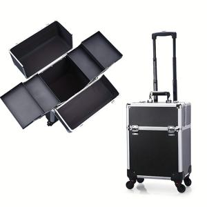 TEMU 캐주얼 스타일 메탈 롤링 메이크업 케이스, 텔레스코픽 핸들, 인라인 스케이트 이동성, 손세척 가능한 화장품 트레인 트롤리, 미용사 및 네일 아티스트를 위한 휴대용 여행 정리함 - 블랙|화장품정리함