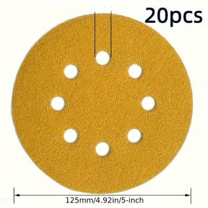 TEMU 20개 5인치 노란색 사포 시트, 60/80/120/150/180/240/320/400/600/800 다양한 거칠기, 8홀 5인치/125mm 후크 및 에폭시 알루미늄 산화물 사포, 무작위 트랙 샌딩 머신용