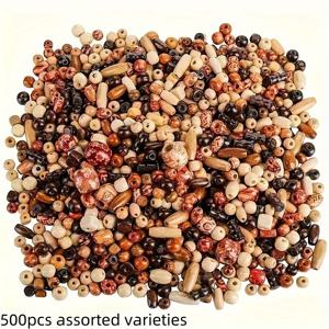 TEMU 500개 혼합 패턴 나무 비즈 세트 - 다색 대형 구멍 주얼리 만들기용, DIY 팔찌 & 목걸이 제작 - 천연 나무 공예 비즈, 소규모 사업자 공급품, 연마된 마감 나무 비즈, 목공예 재료