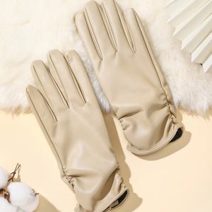 TEMU 여성용 PU 가죽 겨울 장갑 1쌍 - 고품질 열전달 터치스크린 호환 우아한 베이지색 운전 및 라이딩용 외장형 드라이빙 글러브 | 슬릭 PU 가죽 장갑 | 겨울용 PU 가죽 장갑