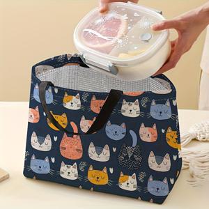 TEMU 고양이 머리 프린트 패턴 도시락 가방, 여성용 보온 도시락 가방, 남성용 도시락 상자 용기, 재사용 가능, 사무실, 직장, 비식품 접촉, 해변 또는 여행 누출 방지 휴대용 이중면 프린트 열 가방