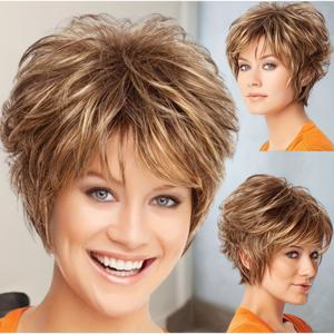 TEMU 여성용 우아한 연갈색 짧은 곱슬 가발 - 열에 강한 합성 머리, 레이스 없음, 모든 연령대에 적합