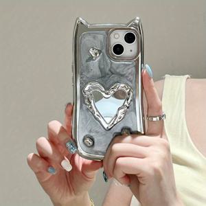 TEMU 아이폰 11 12 13 Pro Max용 창의적인 고양이 귀 메이크업 거울 폰 케이스, 낙하 방지 완벽 보호 소프트 쉘