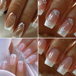 TEMU 배디 스타일 96개 프레스온 네일, 우아한 화이트 프렌치 스트라이프와 광택 마감. 여성 및 일상 착용 및 데이트에 완벽한 반짝이는 글리터 네일 세트. 젤리 글루와 파일 포함