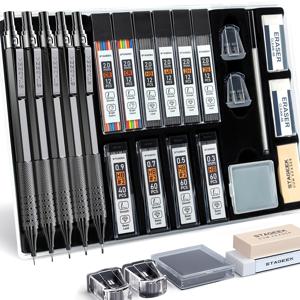 TEMU STASGEEK 21피스 금속 기계식 연필 세트, 아트 리드 연필 0.3, 0.5, 0.7, 0.9, 2mm 리드 홀더(HB 2H 2B 4B 컬러) + 10개 튜브 흑연 리드 리필 + 지우개 + 케이스 포함, 드래프팅 드로잉 스케치용, 블랙 & 실버
