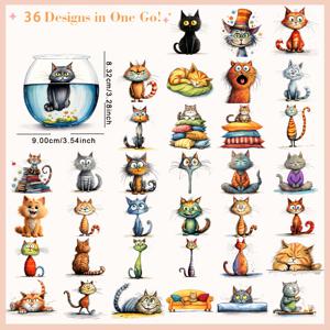 TEMU 36개/세트 기발한 고양이 DIY 다림질 온 DTF 전사 스티커 세탁 가능 열 전사 디자인 레디 프레스 데칼 플라스티솔 패치 DIY 의류 티셔츠 마스크 청바지 배낭
