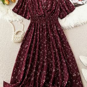 TEMU 여성용 우아한 꽃 프린트 V넥 맥시 드레스 - 반팔, A라인 실루엣, 생동감 있는 빨간 꽃 무늬, 신축성이 없는 소재, 휴가나 캐주얼한 외출에 적합, 캐주얼한 의상 드레스 | 우아한 V넥 드레스 | 꽃 프린트 드레스