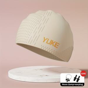 TEMU YUKE 방수 실리콘 수영 모자 - 성인용, 편안하고 미끄럼 방지, 전체 헤어 보호, 베이지/화이트, 핑크, 연한 갈색 - 귀마개 & 코 클립 포함, 긴 머리 및 선물용으로 완벽, 수상 스포츠 장비 | 질감 있는 수영 모자 | 편안한 착용감