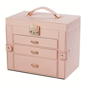 TEMU 1개 케이스그레이스 2-in-1 대형 보석함 미러 & 휴대용 미니 케이스, 하트 모양 잠금장치가 있는 더블 서랍 인조 가죽 정리함, 반지 귀걸이 목걸이 팔찌 시계용 소프트 패브릭 안감, 여성용 우아한 선물 (발렌타인데이, 생일, 크리스마스), 고급스러운 외관의 보석 상자