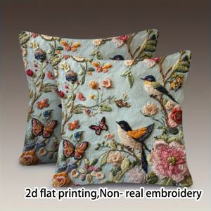 TEMU 2개 빈티지 플로럴 & 버드 나비 쿠션 커버 - 부드러운 플러시 스퀘어 쿠션 케이스 18x18인치, 양면 프린트 지퍼 클로저, 소파 침대 거실 장식용 세탁 가능, 장식 베개, 침실 액세서리, 자연 영감 디자인, 내구성 있는 원단, 홈 데코, 아늑한 홈 스타일링, 2D 플랫