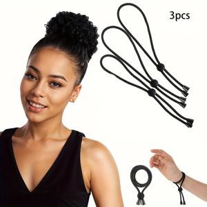 TEMU 3개 조절 가능한 곱슬머리용 머리끈, 검정색 손상 없는 퍼프 커프프 긴 번지 머리끈, 아프로 퍼프 포니테일 땋은 머리용 천연 머리 헤어밴드 액세서리, 블랙, 여성용 머리끈, 곱슬머리용 머리끈, 땋은 머리용 머리끈