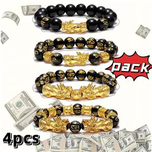 TEMU 남녀공용 픽시우 행운의 비즈 부자 팔찌 4개 세트, 모든 종류의 파티 패션 캐주얼 의상 액세서리에 적합한 자연석 비즈 팔찌, 발렌타인데이 선물, 심플하고 우아함, 성 패트릭|남자팔찌