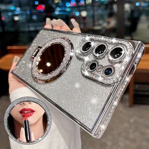 TEMU 고급 럭셔리 반짝이는 이중 거울 자석 흡착 브래킷 풀 커버 렌즈 모바일 폰 케이스, 갤럭시 s25 S24 S23 S22 S21 울트라에 적합, 투명 방탄 소프트 젤 보호 뒷면 커버, 남자친구와 여자친구를 위한 선물