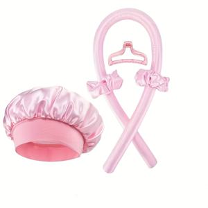 TEMU 여성용 무열 컬링 아이언 및 새틴 수면 캡 세트 4/5개, 무열 헤어 타이, 클로 클립 및 링 포함, 모든 머리 타입에 적합