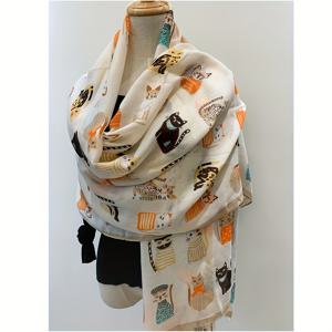 TEMU 여성용 고양이 프린트 스카프 - 가벼운 통기성 쇼울 & 목걸이, 부드러운 파스텔 컬러와 흑백 고양이 일러스트, 캐주얼 외출 및 사진 촬영을 위한 다용도 여행 액세서리, 스타일리시 넥 워머