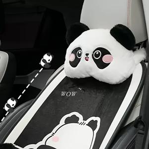 TEMU 귀여운 판다 자동차 시트 쿠션 및 헤드레스트 커버 - 겨울 따뜻함, 부드러운 폴리에스터 소재, 모든 차량에 적합, 핑크 악센트가 있는 귀여운 만화 디자인